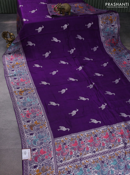 Banarasi raw silk saree violet with silver zari woven buttas and silver zari woven paithani style border