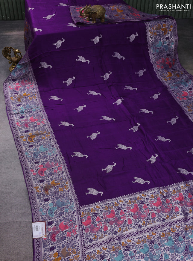 Banarasi raw silk saree violet with silver zari woven buttas and silver zari woven paithani style border