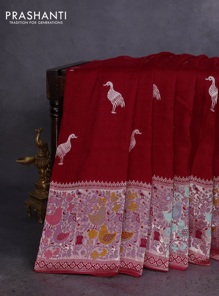 Banarasi raw silk saree red with silver zari woven buttas and silver zari woven paithani style border