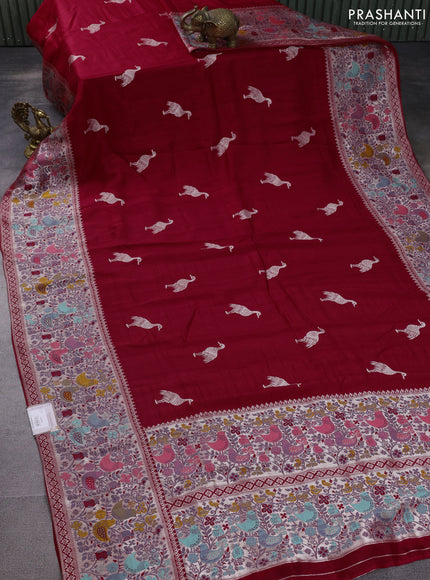 Banarasi raw silk saree red with silver zari woven buttas and silver zari woven paithani style border