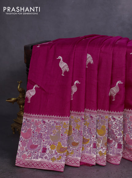 Banarasi raw silk saree rani pink with silver zari woven buttas and silver zari woven paithani style border