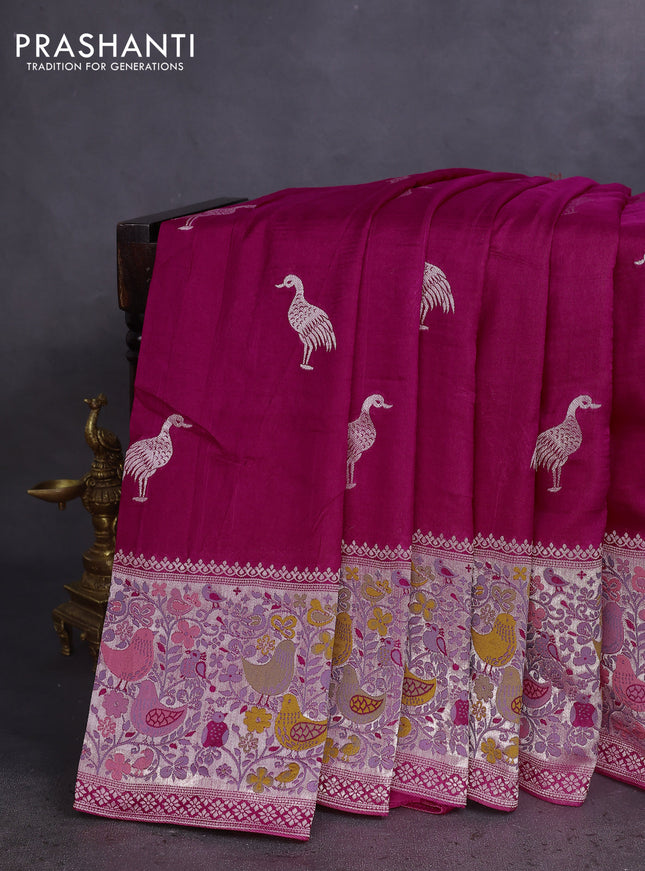 Banarasi raw silk saree rani pink with silver zari woven buttas and silver zari woven paithani style border