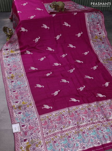 Banarasi raw silk saree rani pink with silver zari woven buttas and silver zari woven paithani style border