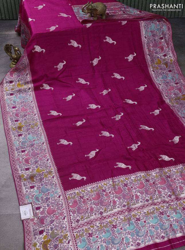 Banarasi raw silk saree rani pink with silver zari woven buttas and silver zari woven paithani style border