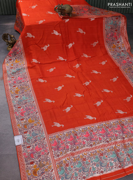 Banarasi raw silk saree orange with silver zari woven buttas and silver zari woven paithani style border