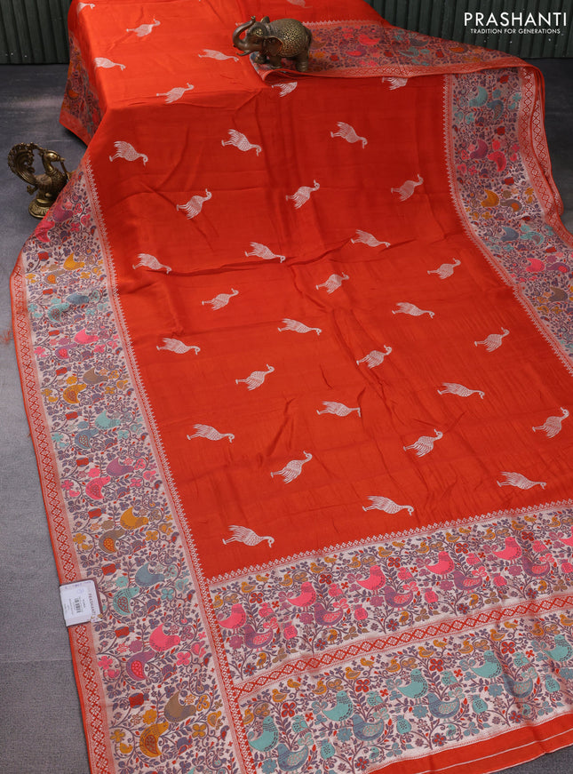 Banarasi raw silk saree orange with silver zari woven buttas and silver zari woven paithani style border