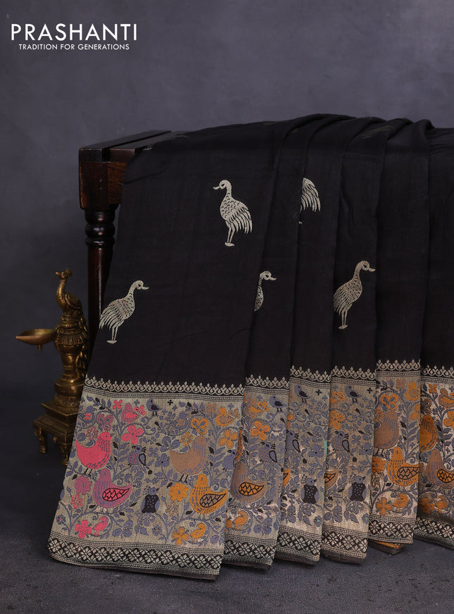 Banarasi raw silk saree black with silver zari woven buttas and silver zari woven paithani style border