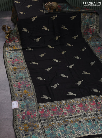 Banarasi raw silk saree black with silver zari woven buttas and silver zari woven paithani style border