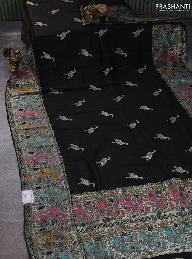 Banarasi raw silk saree black with silver zari woven buttas and silver zari woven paithani style border
