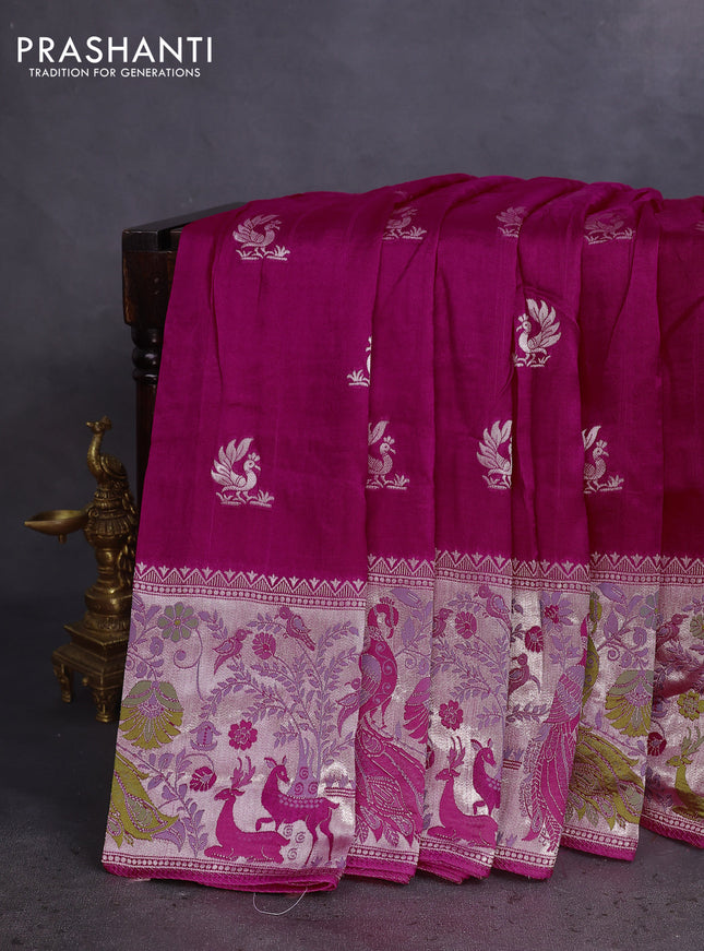 Banarasi raw silk saree pink with zari woven annam buttas and silver zari woven paithani style border