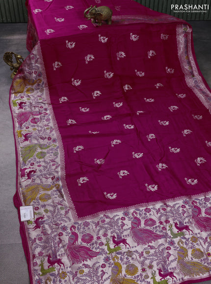 Banarasi raw silk saree pink with zari woven annam buttas and silver zari woven paithani style border