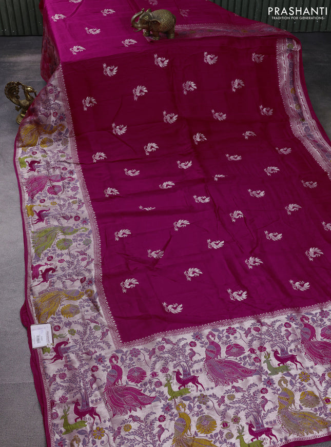Banarasi raw silk saree pink with zari woven annam buttas and silver zari woven paithani style border