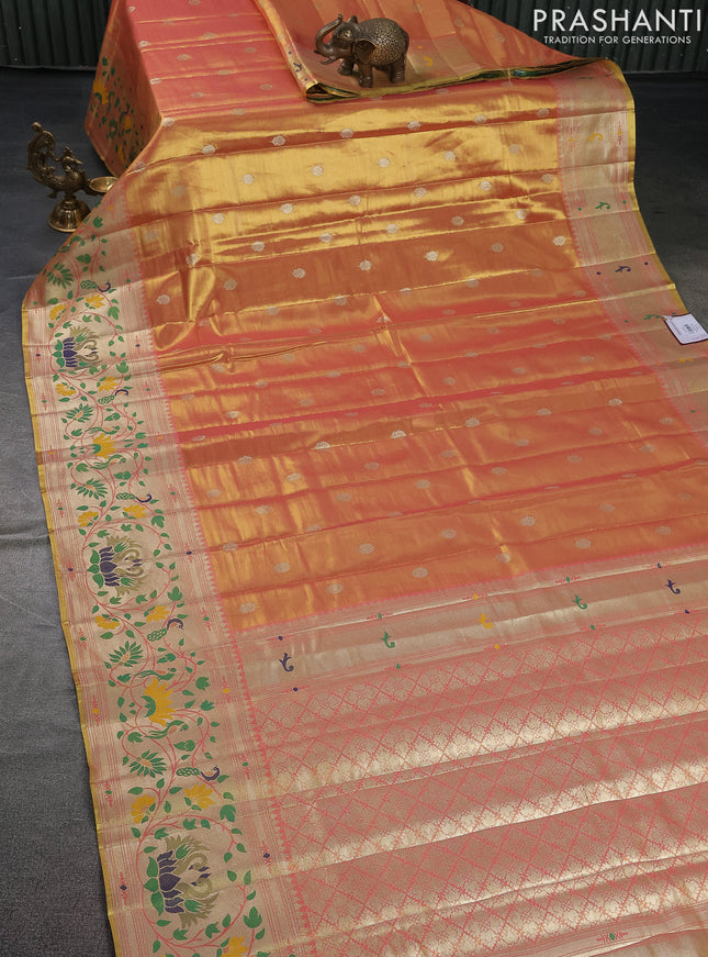 Tissue paithani saree dual shade of peach pink with zari woven buttas and zari woven paithani style border