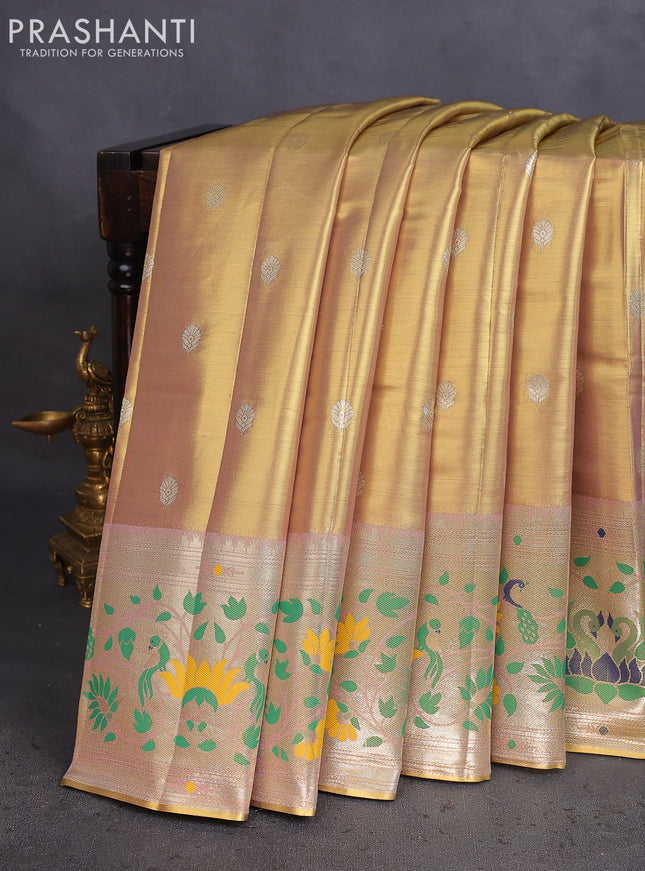 Tissue paithani saree dual shade of gold and pastel pink with zari woven buttas and zari woven paithani style border