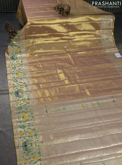 Tissue paithani saree dual shade of gold and pastel pink with zari woven buttas and zari woven paithani style border