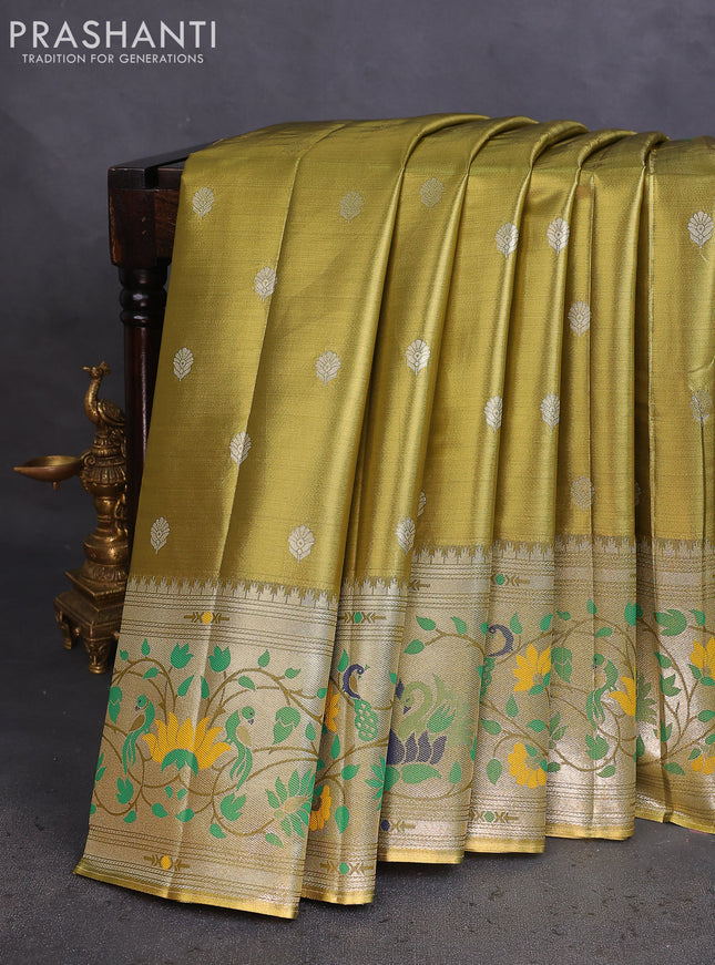 Tissue paithani saree mehendi green shade with zari woven buttas and zari woven paithani style border