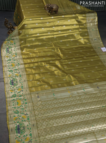 Tissue paithani saree mehendi green shade with zari woven buttas and zari woven paithani style border