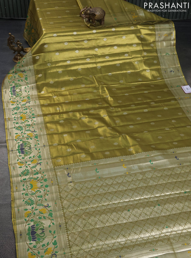 Tissue paithani saree mehendi green shade with zari woven buttas and zari woven paithani style border
