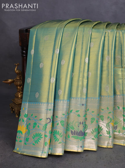 Tissue paithani saree dual shade of teal blue with zari woven buttas and zari woven paithani style border