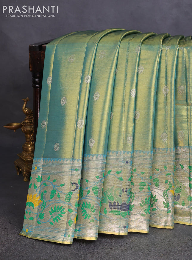 Tissue paithani saree dual shade of teal blue with zari woven buttas and zari woven paithani style border