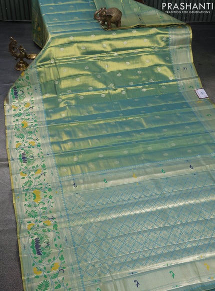 Tissue paithani saree dual shade of teal blue with zari woven buttas and zari woven paithani style border