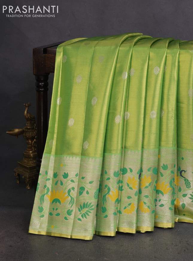 Tissue paithani saree light green with zari woven buttas and zari woven paithani style border
