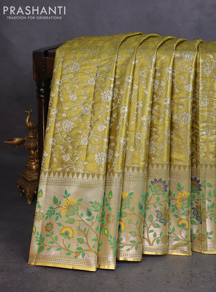 Tissue paithani saree mehendi green with allover floral zari weaves and zari woven paithani style border