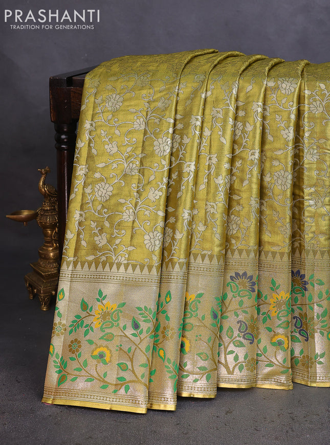 Tissue paithani saree mehendi green with allover floral zari weaves and zari woven paithani style border