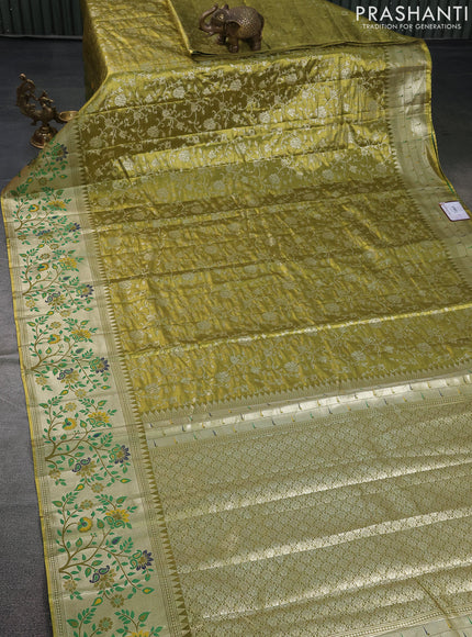 Tissue paithani saree mehendi green with allover floral zari weaves and zari woven paithani style border