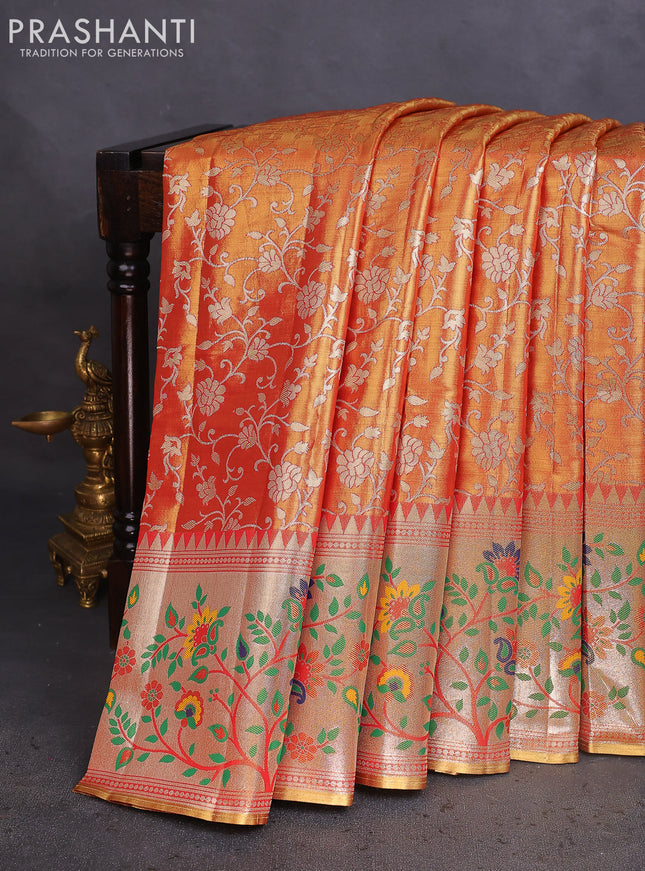 Tissue paithani saree dual shade of goldish red with allover floral zari weaves and zari woven paithani style border