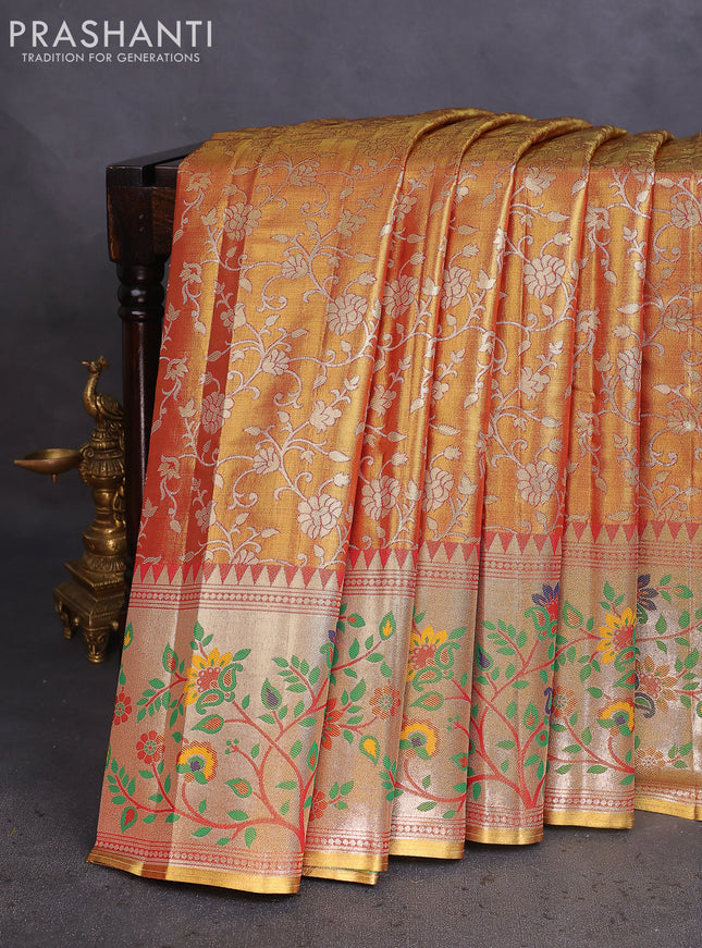 Tissue paithani saree dual shade of reddish gold with allover floral zari weaves and zari woven paithani style border