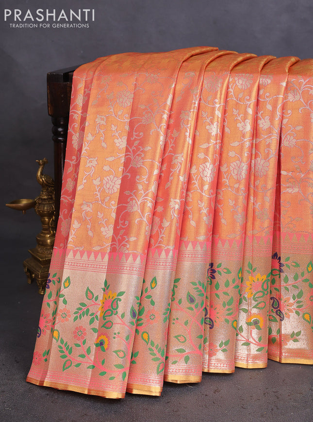 Tissue paithani saree dual shade of peach pink with allover floral zari weaves and zari woven paithani style border