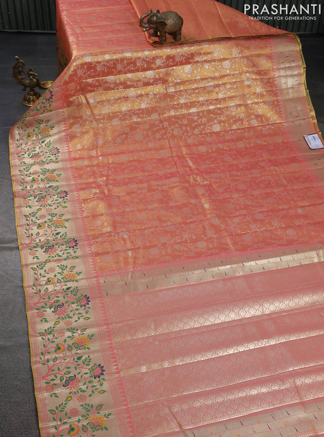 Tissue paithani saree dual shade of peach pink with allover floral zari weaves and zari woven paithani style border