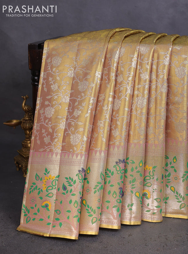 Tissue paithani saree dual shade of gold and pastel pink with allover floral zari weaves and zari woven paithani style border