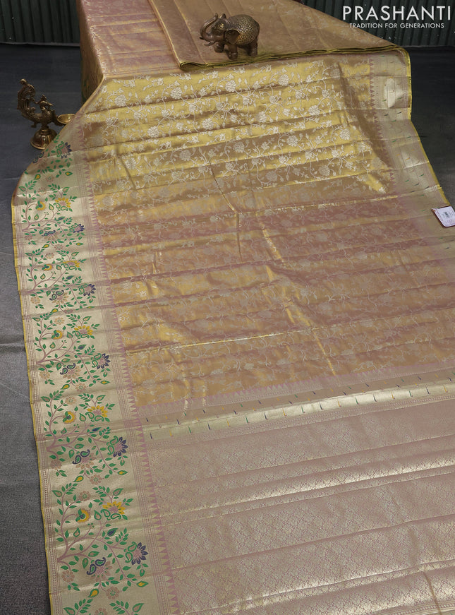 Tissue paithani saree dual shade of gold and pastel pink with allover floral zari weaves and zari woven paithani style border