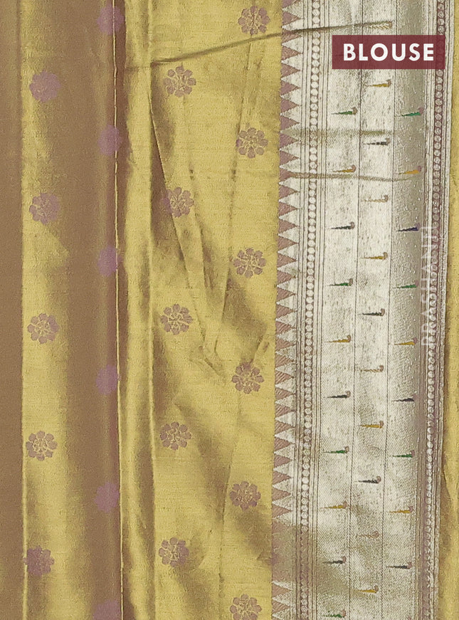 Tissue paithani saree dual shade of gold and pastel pink with allover floral zari weaves and zari woven paithani style border