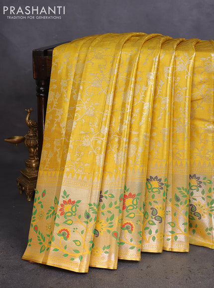 Tissue paithani saree yellow with allover floral zari weaves and zari woven paithani style border