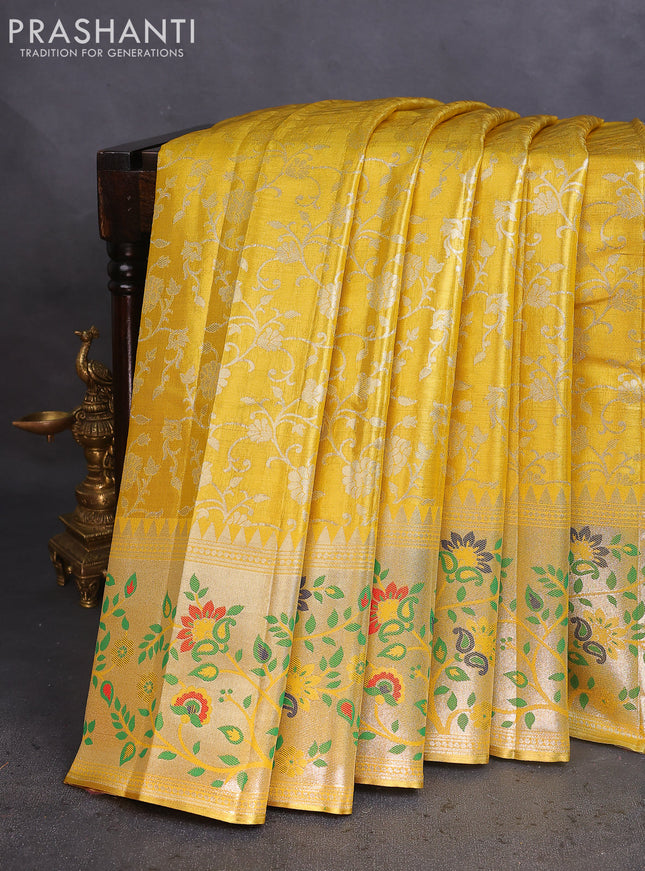 Tissue paithani saree yellow with allover floral zari weaves and zari woven paithani style border