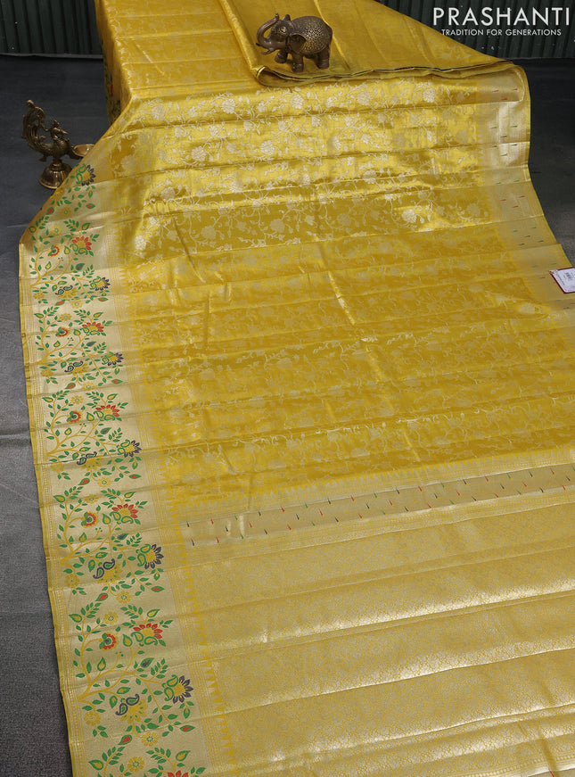 Tissue paithani saree yellow with allover floral zari weaves and zari woven paithani style border