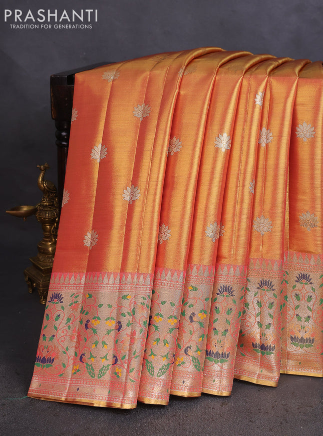 Tissue paithani saree dual shade of peach pink with zari woven buttas and zari woven paithani style border