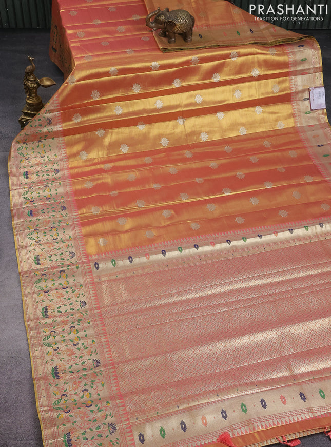 Tissue paithani saree dual shade of peach pink with zari woven buttas and zari woven paithani style border