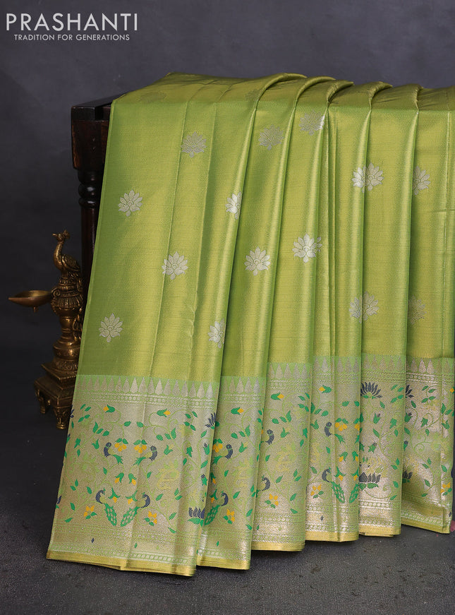 Tissue paithani saree light green with zari woven buttas and zari woven paithani style border