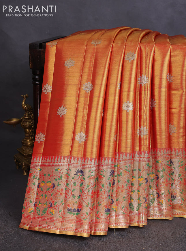 Tissue paithani saree dual shade of goldish red with zari woven buttas and zari woven paithani style border