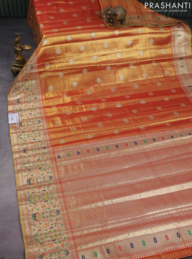 Tissue paithani saree dual shade of goldish red with zari woven buttas and zari woven paithani style border
