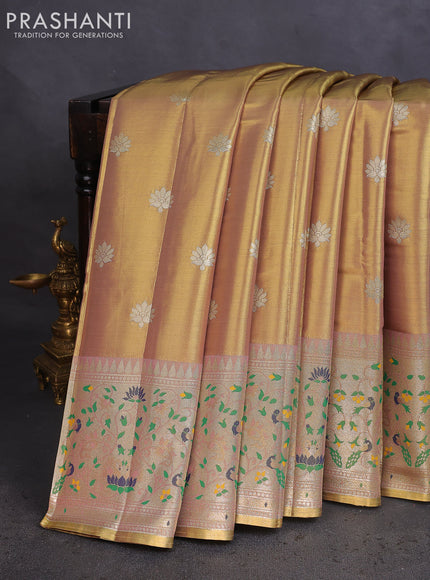 Tissue paithani saree dual shade of gold and pastel pink with zari woven buttas and zari woven paithani style border