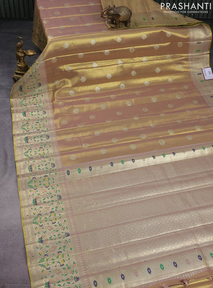 Tissue paithani saree dual shade of gold and pastel pink with zari woven buttas and zari woven paithani style border