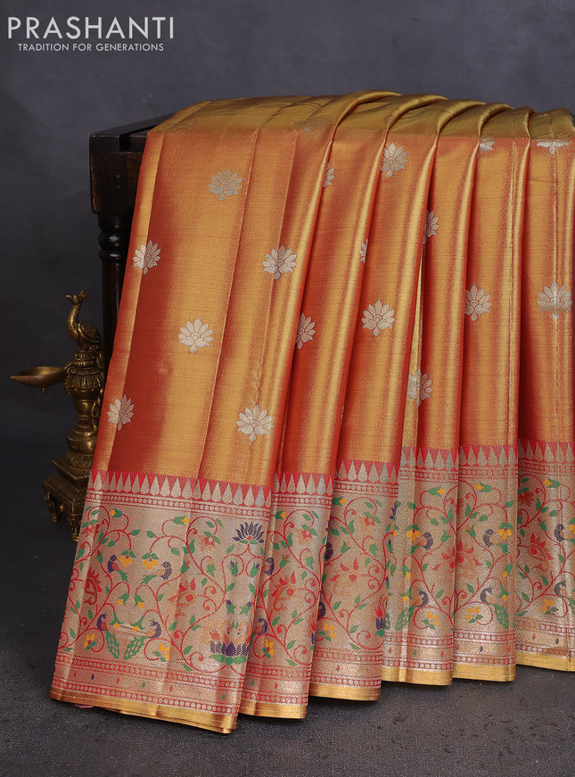 Tissue paithani saree dual shade of gold and rust shade with zari woven buttas and zari woven paithani style border