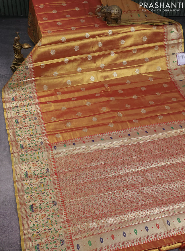 Tissue paithani saree dual shade of gold and rust shade with zari woven buttas and zari woven paithani style border