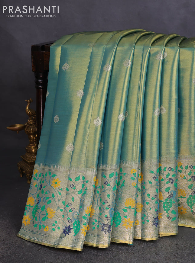 Tissue paithani saree dual shade of teal blue with zari woven buttas and zari woven paithani style border