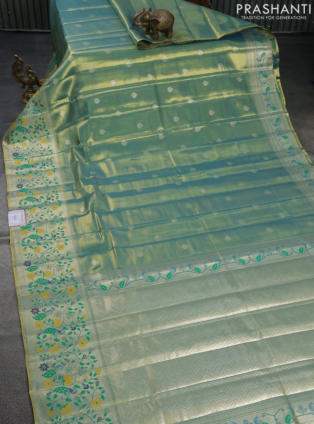 Tissue paithani saree dual shade of teal blue with zari woven buttas and zari woven paithani style border